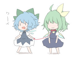 Rule 34 | 2girls, :d, ahoge, ascot, barefoot, blue dress, blue eyes, blue hair, blush, bow, cirno, closed mouth, collared shirt, daiyousei, detached wings, dress, fairy wings, frown, green bow, green hair, hair bow, hair ribbon, highres, ice, ice wings, kuromame (8gou), leash, long dress, multiple girls, nose blush, open mouth, pinafore dress, ponytail, puffy short sleeves, puffy sleeves, ribbon, shirt, short hair, short sleeves, simple background, sleeveless dress, smile, standing, touhou, wavy mouth, white background, white shirt, wings, yellow ascot, yellow ribbon, | |