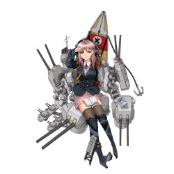 Rule 34 | 1girl, ahoge, aiguillette, anchor, armband, black footwear, black jacket, blue eyes, book, boots, brown thighhighs, buttons, cannon, chain, closed mouth, double-breasted, epaulettes, full body, headphones, jacket, js sang, machinery, military, military jacket, military uniform, official art, pink hair, pink ribbon, pink skirt, pleated skirt, ribbon, salute, shirt, sitting, skirt, solo, thigh boots, thighhighs, tirpitz (warship girls r), transparent background, turret, uniform, warship girls r, white shirt, zettai ryouiki