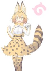 Rule 34 | 10s, 1girl, 4138, animal ears, blonde hair, blush stickers, bow, bowtie, elbow gloves, female focus, gloves, highres, kemono friends, serval (kemono friends), simple background, solo, tail, thighhighs, white background, zettai ryouiki