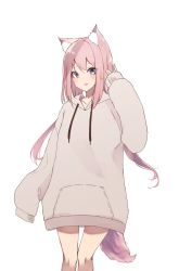 Rule 34 | 1girl, animal ear fluff, animal ears, blue eyes, blush, commentary request, drawstring, fang, feet out of frame, grey hoodie, hand up, highres, hood, hood down, hoodie, long hair, long hoodie, long sleeves, looking at viewer, mayogii, original, parted lips, pink hair, simple background, sleeves past fingers, sleeves past wrists, smile, solo, standing, tail, very long hair, white background
