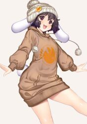 Rule 34 | 1girl, :3, alternate costume, animal ears, badge, beanie, black hair, blush, breasts, brown hat, brown hoodie, button badge, carrot pin, commentary request, cowboy shot, floppy ears, hat, hataraki kuma, hood, hoodie, inaba tewi, looking at viewer, medium bangs, no pants, open mouth, pom pom (clothes), rabbit ears, rabbit girl, rabbit tail, short hair, simple background, small breasts, smile, solo, tail, touhou, white background