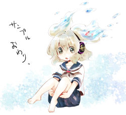 Rule 34 | 1girl, alternate costume, barefoot, blue eyes, brown hair, child, earmuffs, female focus, fish, grey eyes, hugging own legs, makuwauri, open mouth, sailor, short sleeves, silver hair, skirt, solo, touhou, toyosatomimi no miko, water, aged down