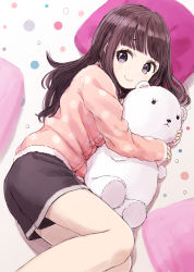 Rule 34 | 1girl, black shorts, blush, brown hair, closed mouth, commentary request, fur-trimmed shirt, fur trim, long hair, long sleeves, looking at viewer, looking to the side, lying, nasuna, hugging object, on side, original, pillow, pink shirt, polka dot, polka dot shirt, purple eyes, shirt, short shorts, shorts, sleeves past wrists, smile, solo, stuffed animal, stuffed toy, tareme, teddy bear