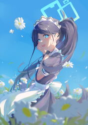 Rule 34 | 1girl, absurdres, alternate costume, apron, aris (blue archive), aris (maid) (blue archive), black dress, blue archive, blue eyes, blue sky, blurry, blurry foreground, blush, clear sky, dress, enmaided, field, flower, flower field, forehead, frilled apron, frills, from side, halo, hands on own cheeks, hands on own face, highres, long hair, looking at viewer, maid, maid headdress, nekoyun93, official alternate costume, open mouth, outdoors, parted bangs, side ponytail, sky, smile, upper body, very long hair, white apron, wrist cuffs