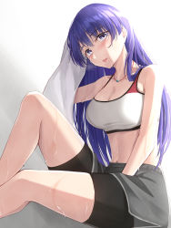 Rule 34 | 1girl, bare shoulders, bike shorts, black shorts, blue eyes, bra, breasts, cleavage, collarbone, fate/grand order, fate (series), highres, holding, holding towel, large breasts, long hair, looking at viewer, martha (fate), medium breasts, midriff, necktie, purple hair, shorts, sitting, solo, sports bra, sweat, towel, underwear, very long hair, white bra, yoshimoto (carpsukidayo)