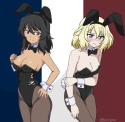Rule 34 | 2girls, andou (girls und panzer), animal ears, black bow, black bowtie, black hair, black leotard, blonde hair, blue eyes, blush, bow, bowtie, breasts, brown eyes, brown pantyhose, cleavage, covered navel, embarrassed, fake animal ears, fake tail, french flag, girls und panzer, hand on own hip, kotorigaka, large breasts, leotard, looking at viewer, multiple girls, oshida (girls und panzer), pantyhose, playboy bunny, rabbit ears, rabbit tail, short hair, smile, tail, wavy mouth