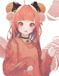 Rule 34 | 1girl, :o, absurdres, bell, black bow, blunt bangs, bow, claw pose, clenched hand, collar, food-themed hair ornament, grapefruit, hair bow, hair ornament, highres, mile (mil2), neck bell, open hand, open mouth, orange eyes, orange hair, orange sweater, original, paw pose, sleeves past wrists, solo, sweater