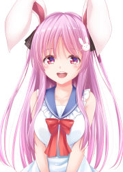 Rule 34 | 1girl, :d, alternate costume, animal ears, bad id, bad pixiv id, bare shoulders, black ribbon, blue sailor collar, blush, bow, breasts, collarbone, commentary request, frilled shirt collar, frills, hair ornament, hair ribbon, hisae (hisae collect), large breasts, long hair, looking at viewer, open mouth, purple hair, rabbit ears, rabbit hair ornament, red bow, red eyes, reisen udongein inaba, ribbon, sailor collar, sailor shirt, shirt, sidelocks, simple background, sleeveless, sleeveless shirt, smile, solo, touhou, two side up, upper body, very long hair, white background, white shirt