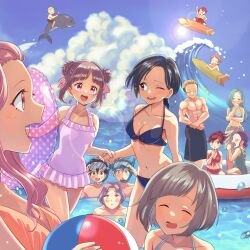 Rule 34 | 6+boys, 6+girls, absurdres, akamatsu (etra-chan wa mita!), akane (etra-chan wa mita!), aqua hair, azami (etra-chan wa mita!), ball, beachball, bikini, black bikini, black eyes, black hair, black male swimwear, blonde hair, blue sky, blush, bob cut, braid, breasts, brown hair, brown male swimwear, brown sarong, casual one-piece swimsuit, cleavage, closed eyes, closed mouth, cloud, collarbone, commentary request, day, dolphin, double bun, dress, etra-chan wa mita!, etra (etra-chan wa mita!), everyone, glasses, goggles, goggles on head, green eyes, green hair, green one-piece swimsuit, hair bun, highres, hiiragi (etra-chan wa mita!), holding, holding ball, holding beachball, holding hands, holding swim ring, innertube, john (etra-chan wa mita!), karin (etra-chan wa mita!), katsura (etra-chan wa mita!), kuroki (etra-chan wa mita!), light brown hair, long hair, looking at another, looking to the side, male swimwear, medium breasts, medium hair, multiple boys, multiple girls, muscular, muscular male, navel, nyako (lhq3p), ocean, official art, one-piece swimsuit, one eye closed, open mouth, orange bikini, outdoors, partially submerged, pink dress, pink eyes, pink hair, pink innertube, polka dot innertube, ponytail, purple hair, red bikini, red eyes, red male swimwear, riding, sarong, second-party source, short hair, single braid, sky, sparkle, standing, sun, surfboard, surfing, swim ring, swimsuit, tachibana (etra-chan wa mita!), tokusa (etra-chan wa mita!), topless male, tsutsuji (etra-chan wa mita!), undercut, virtual youtuber, water, water drop, waving, yuri (etra-chan wa mita!), yuzuriha (etra-chan wa mita!)