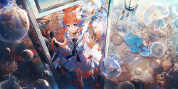 Rule 34 | 1girl, absurdres, against glass, air bubble, alternate costume, anchor symbol, bare legs, bare shoulders, barefoot, black collar, black neckerchief, blue eyes, blue hair, blue ribbon, bubble, collar, collared dress, colored tips, commentary, coral, dress, fish, genshin impact, hair ribbon, highres, holding, holding phone, jellyfish, lamp, long hair, looking at viewer, multicolored hair, neckerchief, open mouth, orange hair, phone, phone booth, ribbon, sailor collar, sangonomiya kokomi, sign, sleeveless, sleeveless dress, solo, swkl:d, symbol-only commentary, underwater, water, white dress, wide shot