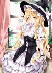 Rule 34 | 1girl, :d, adapted costume, arm support, black hat, blonde hair, blush, bow, braid, day, dress, feet out of frame, frills, hair bow, hair ribbon, hand on headwear, hat, hat bow, hat ribbon, indoors, kirisame marisa, layered skirt, long hair, looking at viewer, nanase nao, open mouth, ribbon, side braid, single braid, sitting, skirt, smile, solo, touhou, tress ribbon, very long hair, white bow, white dress, white ribbon, window, witch hat, wrist guards, yellow eyes