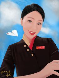 Rule 34 | 1girl, absurdres, aircraft, airline, airplane, black dress, black hair, brown eyes, cloud, cloudy sky, dress, flight attendant, girl on top, highres, huge filesize, light smile, paper airplane, portrait, sky, solo, tagme, travel attendant, uniform