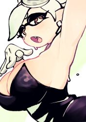 Rule 34 | 1girl, absurdres, arm up, armpits, asymmetrical bangs, black dress, breasts, cleavage, colo (nagrolaz), detached collar, dress, earrings, fang, food-themed hair ornament, gloves, green background, hair ornament, hand up, highres, huge breasts, inkling, jewelry, looking at viewer, marie (splatoon), mole, mole under eye, nintendo, open mouth, orange eyes, pointy ears, short eyebrows, short hair, simple background, solo, splatoon (series), splatoon 1, strapless, strapless dress, sweat, symbol-shaped pupils, tentacle hair, thick eyebrows, two-tone background, upper body, white background, white gloves, white hair