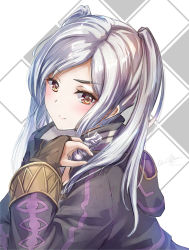 Rule 34 | 1girl, absurdres, bridal gauntlets, chess piece, clear glass (mildmild1311), coat, fire emblem, fire emblem awakening, green eyes, highres, holding chess piece, hood, hood down, knight (chess), looking at viewer, nintendo, parted hair, robin (fire emblem), smile, solo, twintails, upper body, white hair