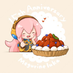 Rule 34 | 1girl, anniversary, artist name, asymmetrical sleeves, black shirt, blueberry, blush stickers, character name, chibi, closed eyes, commentary, cream, food, fruit, fruit tart, gold trim, hand on own cheek, hand on own face, headphones, heart, holding, holding spoon, long hair, megurine luka, open mouth, pink hair, sanpati, seal impression, shirt, smile, solo, spoon, strawberry, tart (food), upper body, vocaloid