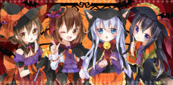 Rule 34 | 10s, 4girls, akatsuki (kancolle), animal ears, animal hood, black gloves, black hair, blue eyes, blush, brown eyes, brown hair, cat ears, cat hood, fang, folded ponytail, gloves, hair ornament, hairclip, halloween, halloween costume, hat, hibiki (kancolle), highres, hood, ikazuchi (kancolle), inazuma (kancolle), kantai collection, long hair, mini hat, mini top hat, multiple girls, one eye closed, open mouth, personification, purple eyes, short hair, silver hair, smile, toma tokage, top hat, wink, witch hat
