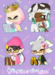 4girls aqua_eyes aqua_hair bandana beanie black_hair black_haori blonde_hair blue_pants boots brown_footwear brown_hair callie_(splatoon) cardigan cephalopod_eyes chain chain_necklace chibi chibi_only closed_mouth commentary_request cropped_sweater cross-shaped_pupils crown dark-skinned_female dark_skin earrings fangs food-themed_hair_ornament forehead full_body furrowed_brow gold_crown gradient_hair green_hair grey_footwear grey_hair grey_kimono grin group_name hair_ornament half-closed_eyes haori hat hat_ornament headphones high_tops hood hood_up hoodie horizontal_pupils inkling japanese_clothes jewelry kimono long_hair marie_(splatoon) marina_(splatoon) medium_hair midriff mole mole_under_eye mole_under_mouth multicolored_footwear multicolored_hair multiple_girls multiple_rings necklace nintendo octoling okobo open_cardigan open_clothes open_mouth orange_pupils pants parted_bangs pearl_(splatoon) pink_cardigan pink_hair pink_hat pink_hoodie pointy_ears purple_background ring sandals shirt shoes short_bangs sitting smile sneakers splatoon_(series) splatoon_2 star_(symbol) star_hat_ornament sweater swept_bangs symbol-shaped_pupils tabi tentacle_hair thick_eyebrows two-tone_hair watch white_bandana white_shirt white_sweater wristwatch yellow_eyes yellow_sleeves yeneny