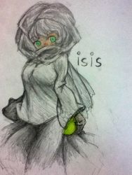Rule 34 | 1girl, artist request, black hair, character name, copyright name, fruit, green eyes, isil, isis-chan, melon, original, personification, source request, tagme, traditional media