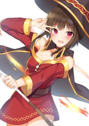 Rule 34 | 1girl, :d, black cape, black hat, blush, breasts, brown hair, cape, collarbone, commentary request, dress, dutch angle, fire, hat, highres, holding, holding staff, kono subarashii sekai ni shukufuku wo!, long hair, looking at viewer, megumin, mizuki ryuu, off-shoulder dress, off shoulder, open mouth, red eyes, sidelocks, simple background, small breasts, smile, solo, staff, v over eye, white background, witch hat