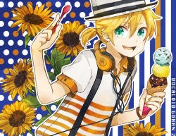 Rule 34 | 1boy, aqua eyes, blonde hair, buzz (moi), flower, food, hat, ice cream, kagamine len, looking at viewer, male focus, open mouth, smile, solo, sunflower, vocaloid