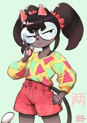 Rule 34 | 1girl, 2019, adjusting eyewear, animal ears, artist name, black hair, cat ears, cat tail, colo (nagrolaz), frown, furry, glasses, hand on own hip, high-waist shorts, highres, jitome, original, pink shorts, round eyewear, scrunchie, shorts, simple background, tail, twintails