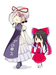 Rule 34 | 2girls, arm up, bare shoulders, black hair, blonde hair, blue eyes, bow, chibi, detached sleeves, female focus, frilled bow, frills, hair bow, hakurei reimu, harano, hat, hat ribbon, height difference, holding hands, hollow eyes, long hair, multiple girls, one eye closed, open mouth, ponytail, ribbon, sidelocks, simple background, touhou, very long hair, white background, yakumo yukari