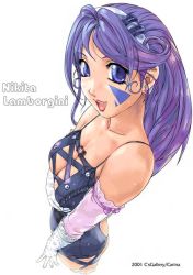 Rule 34 | 1girl, blue eyes, breasts, carina (xiaowoo), cleavage, earrings, elbow gloves, facial mark, facial tattoo, from above, gloves, hairband, jewelry, long hair, medium breasts, no bra, purple hair, smile, solo, tattoo, white gloves