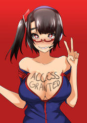 Rule 34 | 1girl, bare shoulders, black hair, blush, body writing, breasts, cleavage, female focus, glasses, highres, internet positif, ipo-chan, large breasts, norman maggot, original, red background, red eyes, short hair, side ponytail, simple background, smile, solo, v, wavy mouth