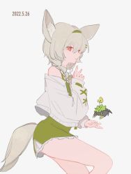 1girl animal_ear_fluff animal_ears arknights bare_shoulders beanstalk_(arknights) dated eyebrows_hidden_by_hair green_hairband green_skirt grey_background grey_hair hair_between_eyes hair_ornament hairband hairclip highres lanjing long_sleeves metal_crab_(arknights) puffy_long_sleeves puffy_sleeves red_eyes simple_background skirt sleeves_past_wrists sweater tail white_sweater