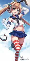 Rule 34 | asagumo (kancolle), black hairband, black neckerchief, black panties, blue eyes, blue sailor collar, blue skirt, blue sky, brown hair, cloud, commentary request, cosplay, crop top, eckert&amp;eich, elbow gloves, gloves, hairband, highleg, highleg panties, highres, kantai collection, long hair, microskirt, miniskirt, neckerchief, one-hour drawing challenge, panties, pleated skirt, sailor collar, shimakaze (kancolle), shimakaze (kancolle) (cosplay), shirt, skirt, sky, sleeveless, sleeveless shirt, smile, striped clothes, striped thighhighs, thighhighs, twintails, underwear, white gloves