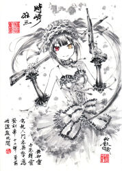Rule 34 | 1girl, bare shoulders, breasts, chinese text, clock eyes, closed mouth, date a live, detached sleeves, dress, frilled dress, frills, gun, hairband, holding, holding gun, holding weapon, ink wash painting, jidao huashi, lolita fashion, lolita hairband, medium breasts, red eyes, smile, solo, symbol-shaped pupils, tokisaki kurumi, twintails, v-shaped eyebrows, weapon