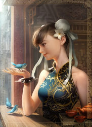 Rule 34 | 1girl, alternate costume, bare shoulders, bird, bird on hand, bracelet, breasts, brown hair, bun cover, capcom, china dress, chinese clothes, chun-li, cup, double bun, dress, flower, hair flower, hair ornament, highres, jewelry, kokecit, lips, nose, photorealistic, realistic, seigaiha, sleeveless, sleeveless dress, smile, solo, spiked bracelet, spikes, street fighter, teapot, tray, windowsill