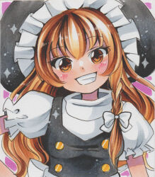 Rule 34 | 1girl, apron, back bow, black hat, black vest, blonde hair, bow, breasts, frilled sleeves, frills, hand on own hip, hat, head tilt, kirisame marisa, large hat, long hair, looking at viewer, maccha xxxxxx, marker (medium), open mouth, puffy short sleeves, puffy sleeves, purple background, shirt, short sleeves, simple background, small breasts, solo, teeth, touhou, traditional media, upper body, vest, waist apron, white apron, white bow, white shirt, witch hat, yellow eyes