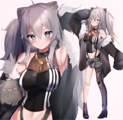 Rule 34 | 1girl, = =, absurdres, animal ear fluff, animal ears, armpits, black footwear, black jacket, blush, bomb, breasts, cleavage, commentary request, ear piercing, explosive, fang, fur trim, grey eyes, grey hair, grey skirt, hair between eyes, highres, hololive, jacket, light smile, lion ears, lion girl, looking at viewer, maru ccy, medium breasts, multiple views, navel, off shoulder, open mouth, piercing, see-through, see-through cleavage, shishiro botan, shishiro botan (1st costume), single leg pantyhose, skirt, sleeves past fingers, sleeves past wrists, smile, ssrb (shishiro botan), torn clothes, torn legwear, virtual youtuber