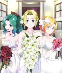 Rule 34 | 3girls, :d, alternate costume, alternate hairstyle, bare shoulders, blonde hair, blue eyes, blurry, bouquet, bow, braid, breasts, bride, celes chere, choker, church, cleavage, closed mouth, collarbone, depth of field, door, dress, elbow gloves, eyes visible through hair, facing viewer, final fantasy, final fantasy vi, flower, french braid, frilled gloves, frilled sleeves, frills, gem, gloves, hair bow, hair flower, hair intakes, hair ornament, high ponytail, highres, holding, holding bouquet, indoors, jewelry, large breasts, leaf, light particles, lily (flower), lips, long hair, looking at viewer, multiple girls, necklace, open mouth, orange flower, orange rose, pearl (gemstone), pearl necklace, pink flower, pink lips, pink rose, puffy short sleeves, puffy sleeves, red flower, red rose, relm arrowny, rose, short hair, short sleeves, smile, sparkle, stairs, strapless, strapless dress, take your pick, tina branford, tongue, wedding dress, white bow, white choker, white dress, white gloves, window, yuuri (kazuya1008)
