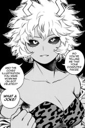 Rule 34 | 1girl, ashido mina, black background, black sclera, boku no hero academia, breasts, cleavage, collarbone, colored sclera, english text, fourth wall, horikoshi kouhei, horns, jacket, looking at viewer, medium breasts, official art, parted lips, removing jacket, short hair, solo, speech bubble