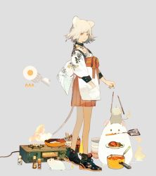 Rule 34 | 1girl, animal ears, bowl, character request, copyright request, egg, food, frying pan, highres, kukka, ladle, looking at viewer, mouse (animal), mouse ears, mouse tail, orange eyes, orange ribbon, oven, plate, pot, ribbon, smile, spatula, stove, tail, white hair