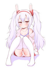 Rule 34 | 1girl, animal ears, arm support, azur lane, bare shoulders, blush, camisole, closed mouth, collarbone, commentary request, full body, hair between eyes, hair ornament, hair scrunchie, hairband, jacket, laffey (azur lane), long hair, long sleeves, looking at viewer, no shoes, off shoulder, open clothes, open jacket, panties, pantyshot, pink jacket, purple hair, rabbit ears, red eyes, red hairband, red scrunchie, red skirt, scrunchie, shiny skin, simple background, sitting, skirt, solo, striped clothes, striped panties, thighhighs, twintails, underwear, very long hair, white background, white camisole, white thighhighs, youta (asatsukidou)