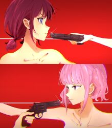 blue_eyes brown_hair chromatic_aberration collarbone commentary_request finger_on_trigger girls_band_cry glint grey_eyes gun handgun highres hina_(girls_band_cry) holding holding_gun holding_weapon iseri_nina low_twintails lycoris_recoil nude parody pink_hair red_background revolver short_hair short_twintails soko_kikuchi twintails upper_body weapon