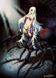 Rule 34 | 1girl, arachne, arthropod girl, arthropod limbs, blonde hair, covering privates, covering breasts, genzoman, insect girl, long hair, monster girl, solo, spider girl, taur, topless, very long hair