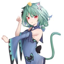 Rule 34 | 1girl, :3, ahoge, animal, animal ears, animal on head, animal print, bare shoulders, bird, bird on head, blue dress, blue hair, blue sleeves, bow, brooch, butterfly print, cat ears, cat girl, cat tail, chick, closed mouth, cowboy shot, detached collar, detached sleeves, dress, dress bow, ear piercing, ear ribbon, fang, fang out, from side, gradient hair, green hair, hair ornament, hair ribbon, highres, hololive, jewelry, long sleeves, looking at viewer, low twintails, medium hair, multicolored hair, on head, paw pose, piercing, piyoko (uruha rushia), pom pom (clothes), pom pom hair ornament, quinn (eg bread), red eyes, ribbon, short dress, short twintails, simple background, skull hair ornament, smile, solo, strapless, strapless dress, tail, twintails, uruha rushia, uruha rushia (1st costume), virtual youtuber, white background, wide sleeves