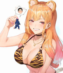 Rule 34 | 1boy, 1girl, animal ears, animal print, bikini, blonde hair, blush, breasts, cleavage, commentary, ear piercing, emknov, english commentary, gojou wakana, gradient hair, grin, head steam, highres, holding person, jewelry, kemonomimi mode, kitagawa marin, lips, long hair, looking at viewer, medium breasts, mini person, miniboy, multicolored hair, nail polish, navel, o-ring, o-ring bikini, piercing, pink hair, pink nails, print bikini, red eyes, ring, sidelocks, simple background, smile, solo focus, sono bisque doll wa koi wo suru, spoken character, swimsuit, tail, tiger ears, tiger print, tiger tail, twitter username, two-tone hair, upper body, white background