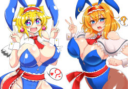 Rule 34 | ?, adapted costume, alice margatroid, animal ears, bare shoulders, black legwear, blonde hair, blue eyes, blue leotard, blush, breasts, capelet, cleavage, commentary request, detached collar, double v, earrings, fake animal ears, fang, frilled hairband, frills, hairband, heart, heart-shaped pupils, jewelry, leotard, looking at viewer, mind control, open mouth, pantyhose, parody, playboy bunny, rabbit ears, red hairband, red neckwear, rindou (p41neko) (style), roki (hirokix) (style), sash, simple background, spoken question mark, strapless, strapless leotard, style parody, symbol-shaped pupils, touhou, v, warugaki (sk-ii), white background, wrist cuffs
