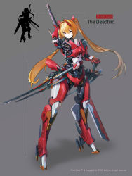 Rule 34 | 1girl, android, armor, commentary, commentary request, english commentary, frown, full body, grey background, hand on hilt, highres, horns, humanoid robot, joints, long hair, orange hair, original, piston, red eyes, robot, robot joints, solo, standing, sword, twintails, ushas, weapon, weapon on back