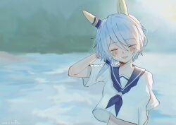 Rule 34 | 1girl, absurdres, animal ears, arm at side, arm up, artist logo, blue hair, blue neckerchief, blurry, blurry background, blush, closed eyes, dated, ear covers, hand in own hair, highres, horse ears, k.s.miracle (umamusume), neckerchief, open mouth, sailor collar, saramiao-chan, shirt, short hair, short sleeves, smile, solo, umamusume, upper body, white shirt