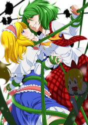 Rule 34 | 2girls, ahoge, alice margatroid, bdsm, blonde hair, blue dress, blue eyes, blush, bondage, bound, bow, capelet, clenched teeth, cowboy shot, dress, dress shirt, eichi yuu, eye contact, face-to-face, female focus, grabbing another&#039;s chin, green hair, grin, hair bow, hairband, hand on another&#039;s chin, highres, imminent kiss, jewelry, kazami yuuka, lifting another&#039;s clothes, lolita hairband, looking at another, multiple girls, naughty face, open clothes, open vest, parted lips, plaid, plaid skirt, plaid vest, plant, puppet rings, red bow, red eyes, restrained, ring, sash, shanghai doll, shirt, skirt, smile, solid oval eyes, teeth, touhou, vest, vines, white shirt, yuri