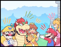 Rule 34 | 2girls, 3boys, ayyk92, blonde hair, blue eyes, bowser, brooch, brown hair, castle, claws, closed eyes, crown, dress, earrings, facial hair, fat, fat man, flower earrings, gloves, grin, hat, horns, jewelry, long hair, looking at another, mario, mario (series), multiple boys, multiple girls, mustache, nintendo, open mouth, orange dress, overalls, pink dress, princess daisy, princess peach, puffy short sleeves, puffy sleeves, red hair, short sleeves, smile, spikes, standing, wario