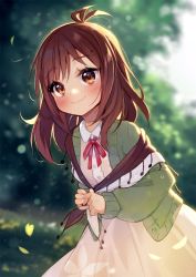 Rule 34 | 1girl, :3, artist name, blurry, blurry background, blush, bokeh, bow, brown eyes, brown hair, cardigan, closed mouth, collared dress, commentary, cowlick, day, depth of field, dress, english commentary, green cardigan, green theme, highres, hyanna-natsu, indie virtual youtuber, leaf, light particles, long hair, long sleeves, neck ribbon, open cardigan, open clothes, outdoors, red bow, red ribbon, ribbon, shawl, smile, solo, thick eyebrows, unbuttoned, virtual youtuber, vyolfers (vtuber), watermark, white dress