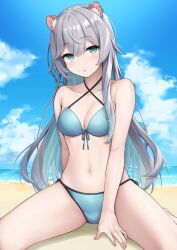 Rule 34 | 1girl, :o, animal ears, beach, bikini, blue bikini, blue eyes, blue sky, blush, breasts, character request, cleavage, cloud, collarbone, commentary request, commission, copyright request, day, female focus, fingernails, grey hair, henria, highres, long hair, looking at viewer, medium breasts, navel, ocean, outdoors, parted lips, sand, sitting, skeb commission, sky, solo, spread legs, swimsuit