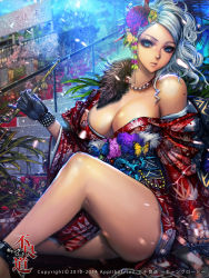 Rule 34 | 1girl, blue eyes, breasts, cleavage, colorful, flower, furyou michi ~gang road~, gloves, hair flower, hair ornament, highres, japanese clothes, jewelry, kimono, kiseru, large breasts, long hair, looking at viewer, lots of jewelry, mole, necklace, off shoulder, official art, parted lips, shiny skin, sitting, smoking pipe, solo, stairs, white hair, xaxak, yuujo